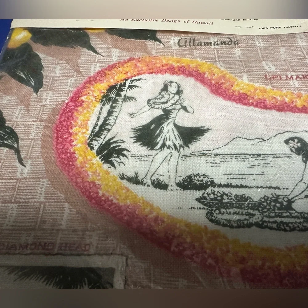 Flowers Of Hawaii Cotton Hand-Printed Decorative Towel Hula Girl Surfer Sealed